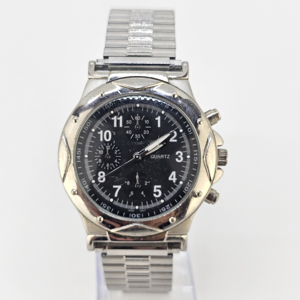 Men's Analog Watch 40MM Black Dial Grray Expandable Bracelet Band 7" New Battery